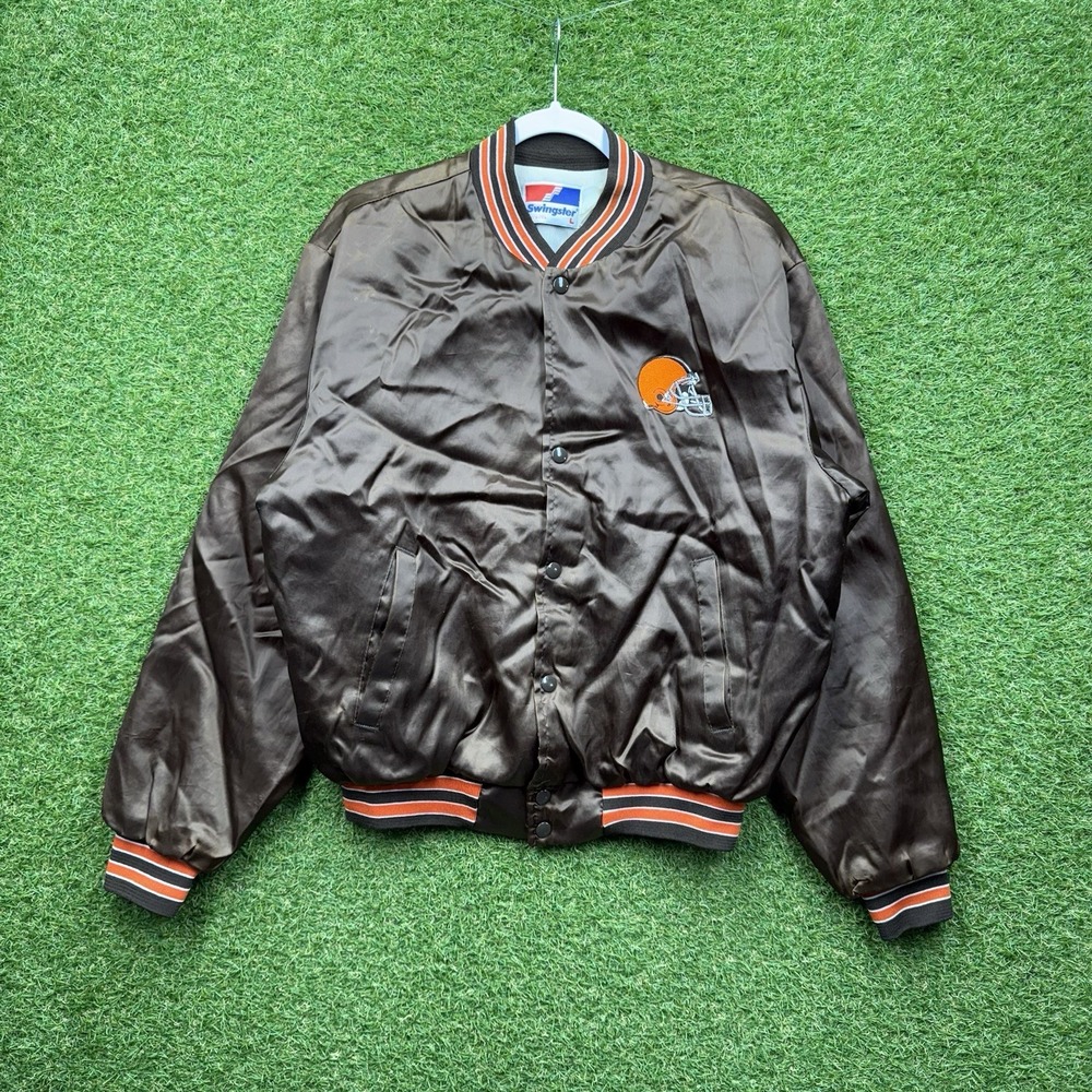 Vintage Cleveland Browns Satin Jacket Mens Large Chalk Line Swingster 80s Snap